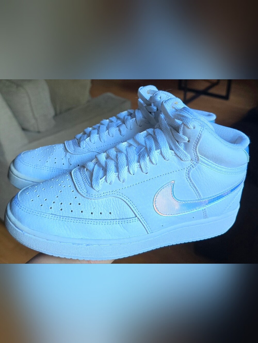 Sz 7.5 Women's NIKE COURT VISION MID 'White Iridescent' Lace-Up/Adjustable Strap